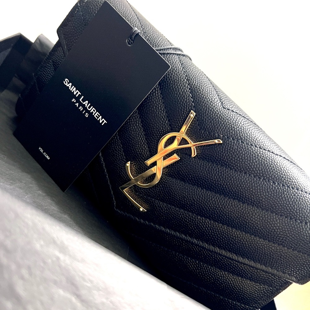 Saint Laurent YSL Monogram Large Flap Wallet in Grained Leather Black with Gold